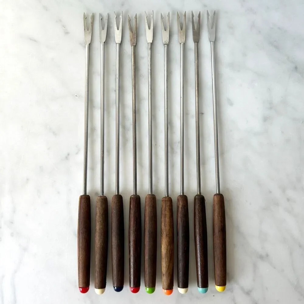 Vintage Fondue Forks 9 Stainless Steel w/Wood Handles-6 in Original Box+3 Extra
